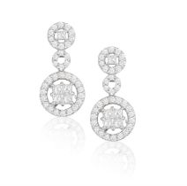 A Pair of diamond drop earrings Each earring designed as three rings, the largest centring four