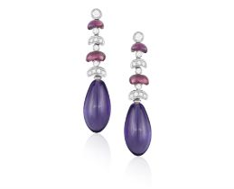 A Pair of amethyst and diamond drop earclips Each with a drop-shaped amethyst,