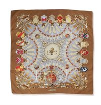 ‘Dieu et Mon Droit’, SILK SCARF, BY HERMES, gold/brown coat of arms, 100% silk, made in France,