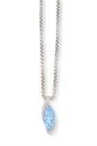 An Aquamarine and diamond pendant on chain The marquise-cut aquamarine within a surround