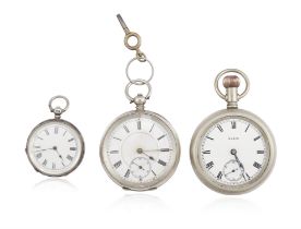 Three pocket watches Including a late 19th century, English-made silver pocket watch; a silver