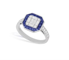 A Sapphire and diamond target ring The central section set with baguette and round,