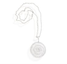 A Diamond pendant and cultured pearl necklace Designed as a rose bud, the petals delineated by