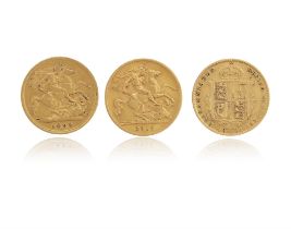 Three half-sovereign gold coins, dating 1893, 1898 and 1912 Two struck with the old-head