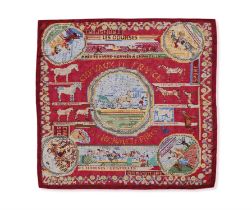 ‘Philippe Dumas les Courses D’obstacles’ SILK SCARF, BY HERMES, red pixelated equestrian motifs,