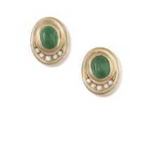 A Pair of emerald and diamond ear clips Each composed of an bezel-set, oval, cabochon-cut