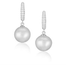 A Pair of cultured pearl and diamond drop earrings Each earring comprising a hoop,