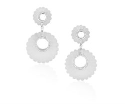 A Pair of rock crystal and diamond drop earrings Each earring comprised of two, carved,