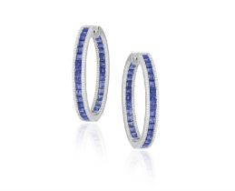 A Pair of sapphire and diamond hoop earrings The exterior of the front and interior of the verso