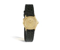 An 18ct gold wristwatch by Ebel Quartz movement, the circular gold dial with single-cut diamond