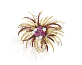 A Ruby, diamond and red enamel brooch Of flowerhead design, centrally set with three synthetic