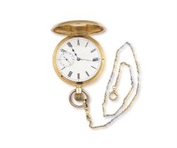 An 18ct gold half-hunter pocket-watch The white enamel dial with Roman numerals,