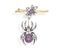 A Spider and fly bar brooch The fly set with sapphire, ruby, seed pearls and rose-cut diamonds,