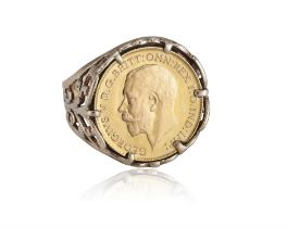A Gold half sovereign ring The George V half sovereign gold coin, dated 1914, mounted in 9ct