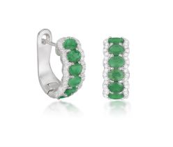 A Pair of emerald and diamond earrings Each hoop earring comprising six oval, mixed-cut emeralds