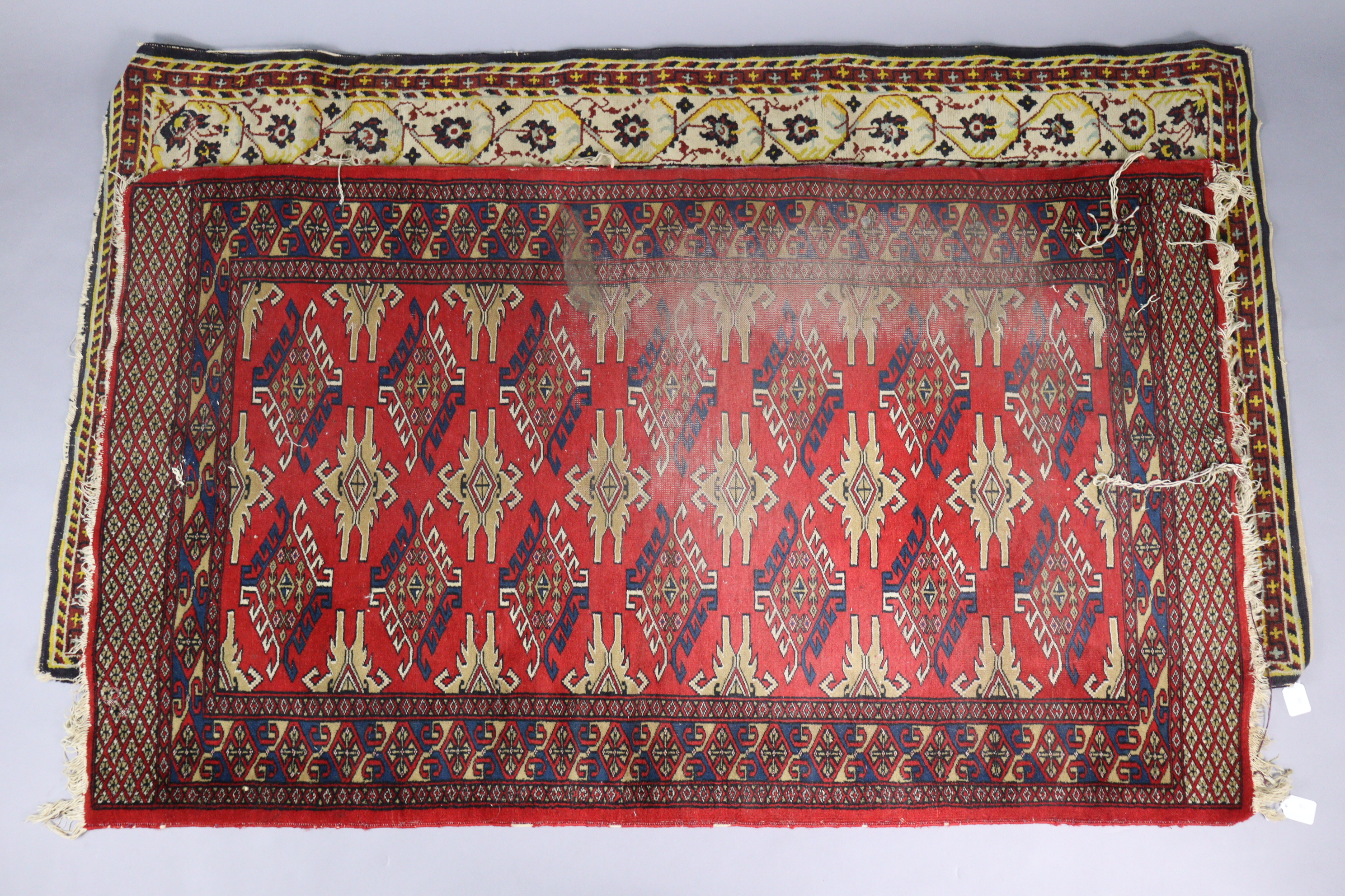 A Chinese-style black, gold and red painted wooden standard lamp (lacking shade) two small rugs - Image 3 of 10