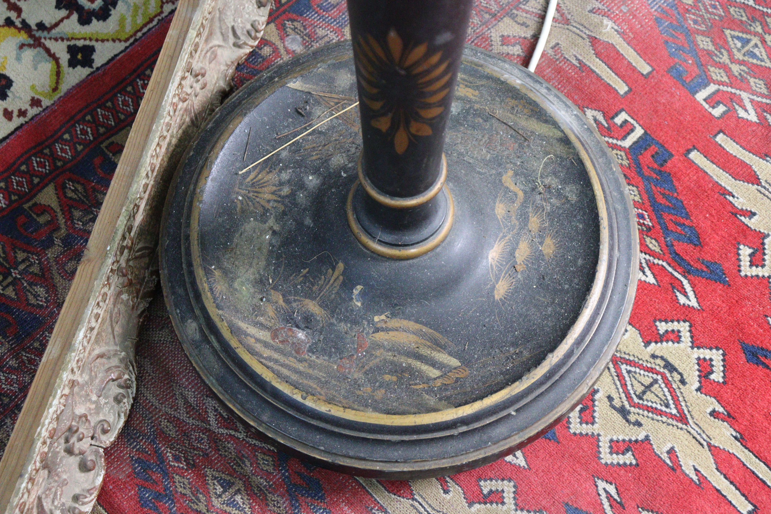 A Chinese-style black, gold and red painted wooden standard lamp (lacking shade) two small rugs - Image 5 of 10
