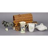 A Honiton pottery floral decorated jug, 7¾” high; a Denby pottery jug & basket-shaped dish each with
