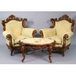 A reproduction three-piece lounge suite in the 19th century continental-style comprising of a