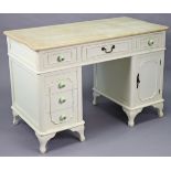 A similar natural & white-finish pedestal desk, 46¾” wide x 41¾” high x 23” deep; with a ditto