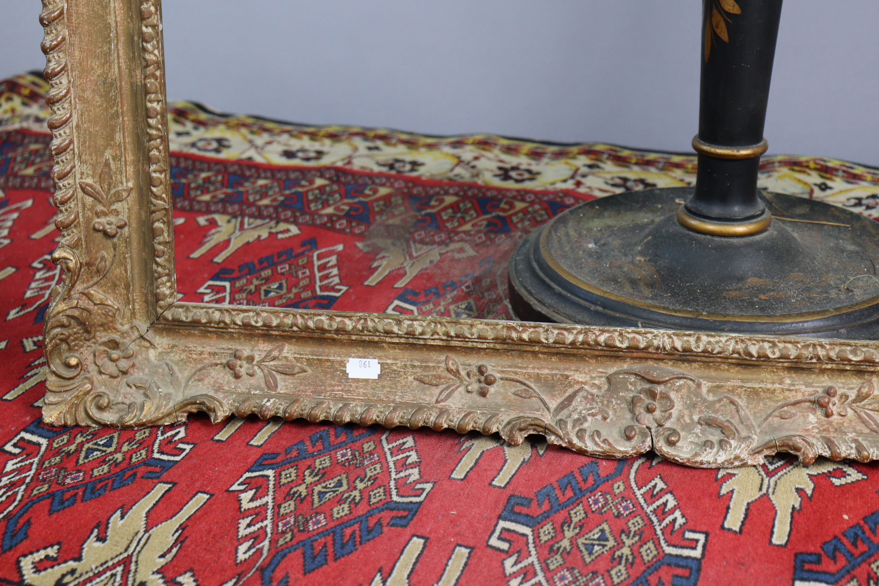 A Chinese-style black, gold and red painted wooden standard lamp (lacking shade) two small rugs - Image 9 of 10