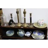 A pair of brass table lamp bases, 12½” high; a pair of candlesticks; & various decorative ornaments,