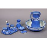 A Tams Ware blue & white jasper-effect four piece toilet set; & a ditto eight-piece dressing table