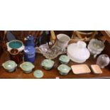 Three glass ceiling lights shades, and various items of Denby pottery kitchenware.