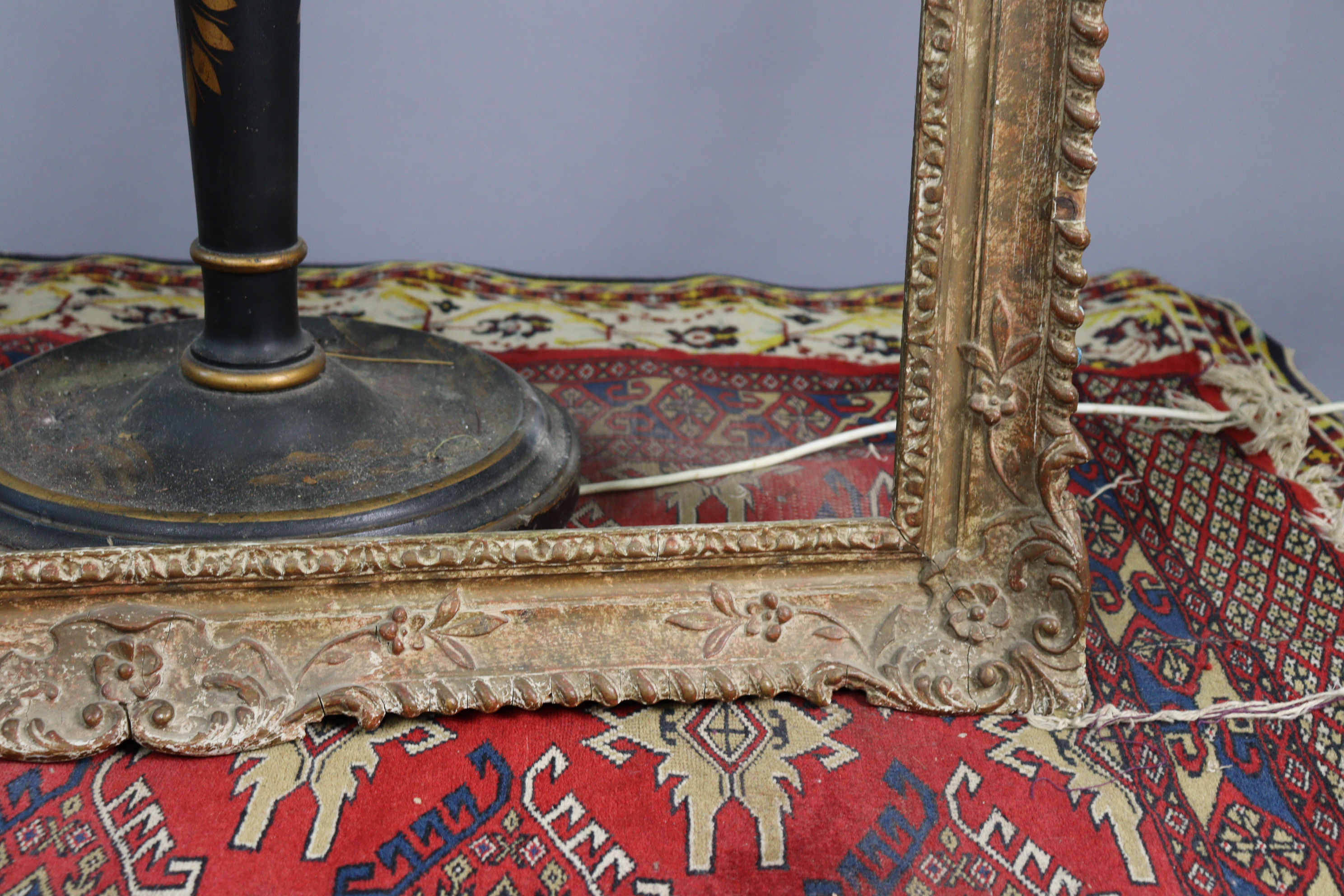 A Chinese-style black, gold and red painted wooden standard lamp (lacking shade) two small rugs - Image 10 of 10