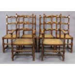 A set of six Cromwellian-style oak ladder-seat dining chairs (including a pair of carvers) each with