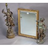 A gilt frame rectangular wall mirror inset with a bevelled plate, 21”x16”; & a pair of spelter