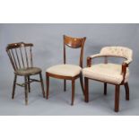 A 19th century-style tub-shaped easy chair; a similar occasional chair; & a spindle-back kitchen