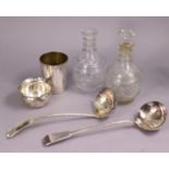 A plated Fiddle, Thread & Shell soup ladle; a Fiddle pattern ditto; a tall plated beaker; circular s
