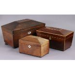 A Victorian mahogany tea caddy of sarcophagus form with glass liner & two lidded compartments, 13”