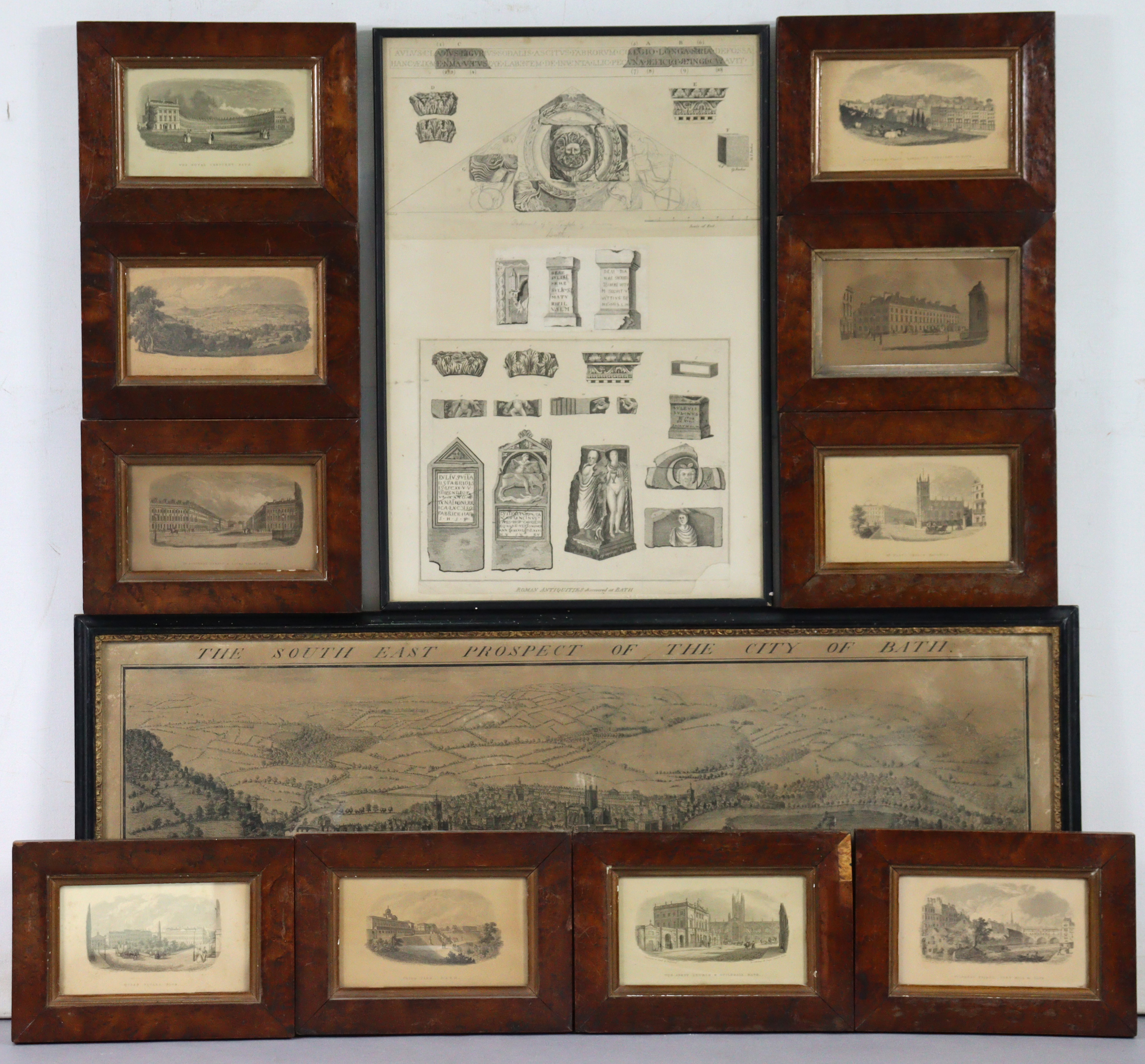 A set of ten 19th century black & white engravings of Bath views, 3¾” x 6¼”, in matching glazed