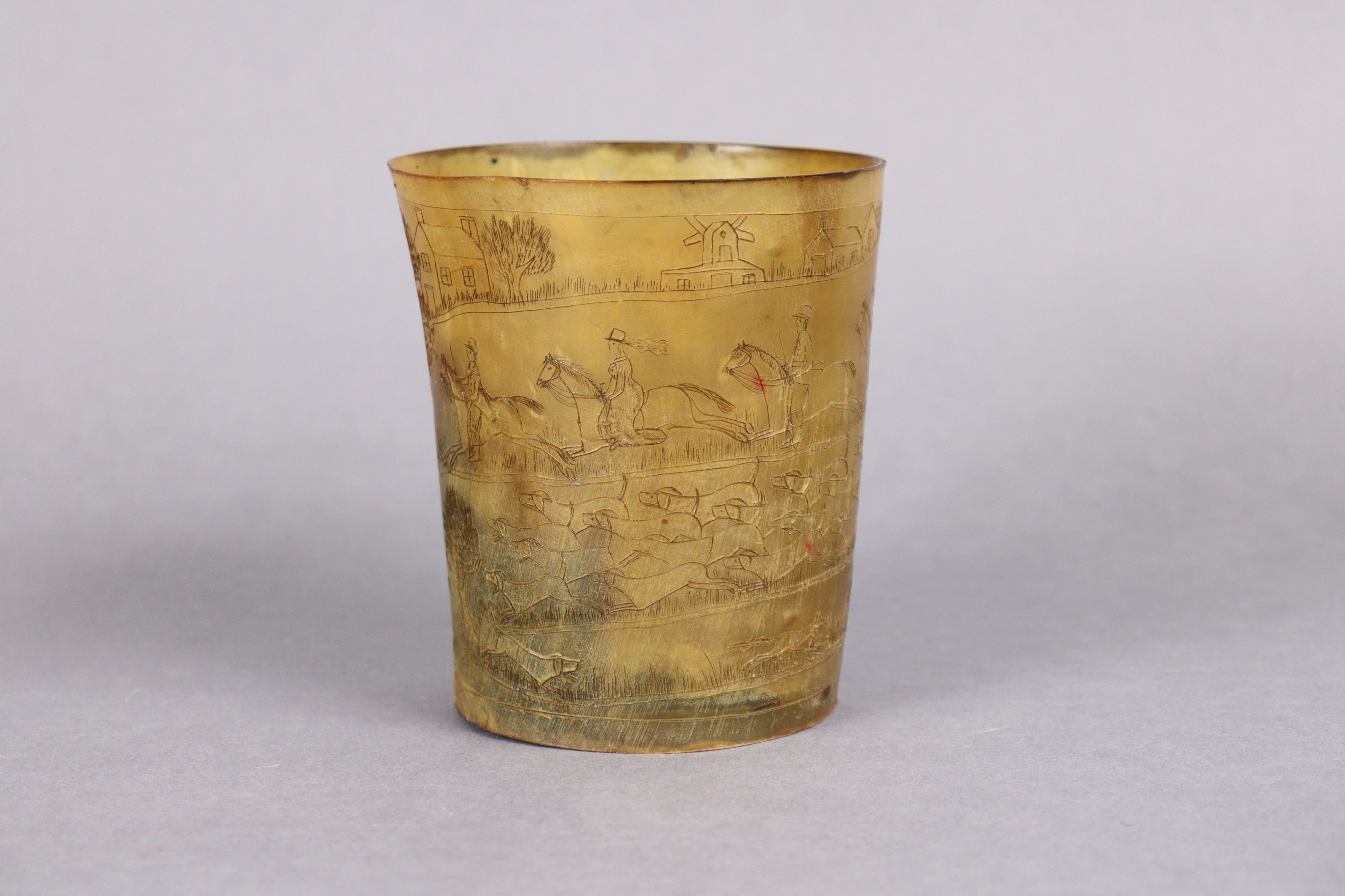 A 19th century horn beaker, all over engraved with a busy hunting scene, 4½” high x 4” dia. - Image 2 of 5