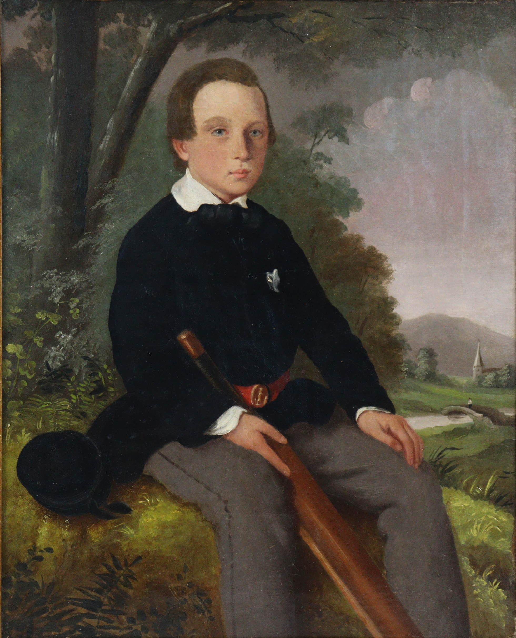 ENGLISH SCHOOL, early/mid-19th century. Portrait of a boy in a landscape holding cricket bat. Oil on