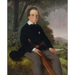 ENGLISH SCHOOL, early/mid-19th century. Portrait of a boy in a landscape holding cricket bat. Oil on