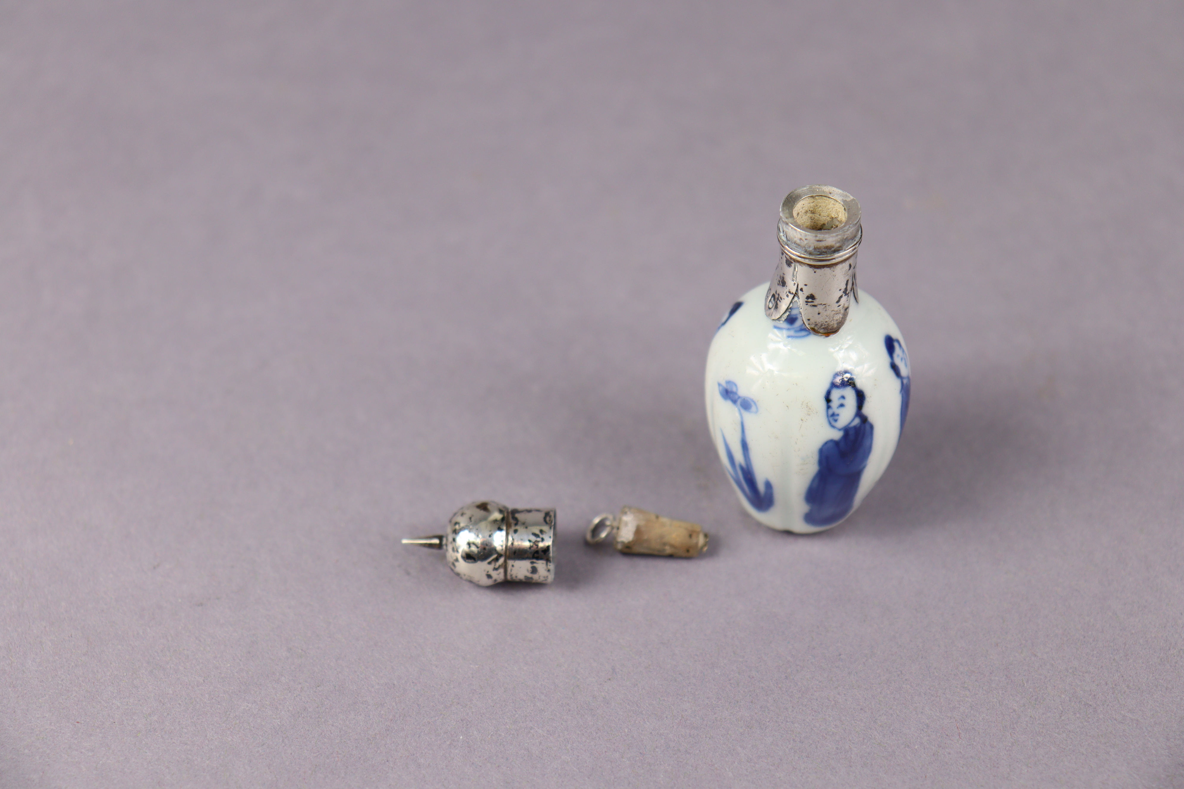 An early Chinese blue & white porcelain miniature lobed vase with standing figures & tall flowers, - Image 11 of 14