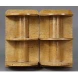 A pair of Art Deco birds-eye maple veneered demi-lune three tier wall shelves, 13.5" wide X 23.75" h