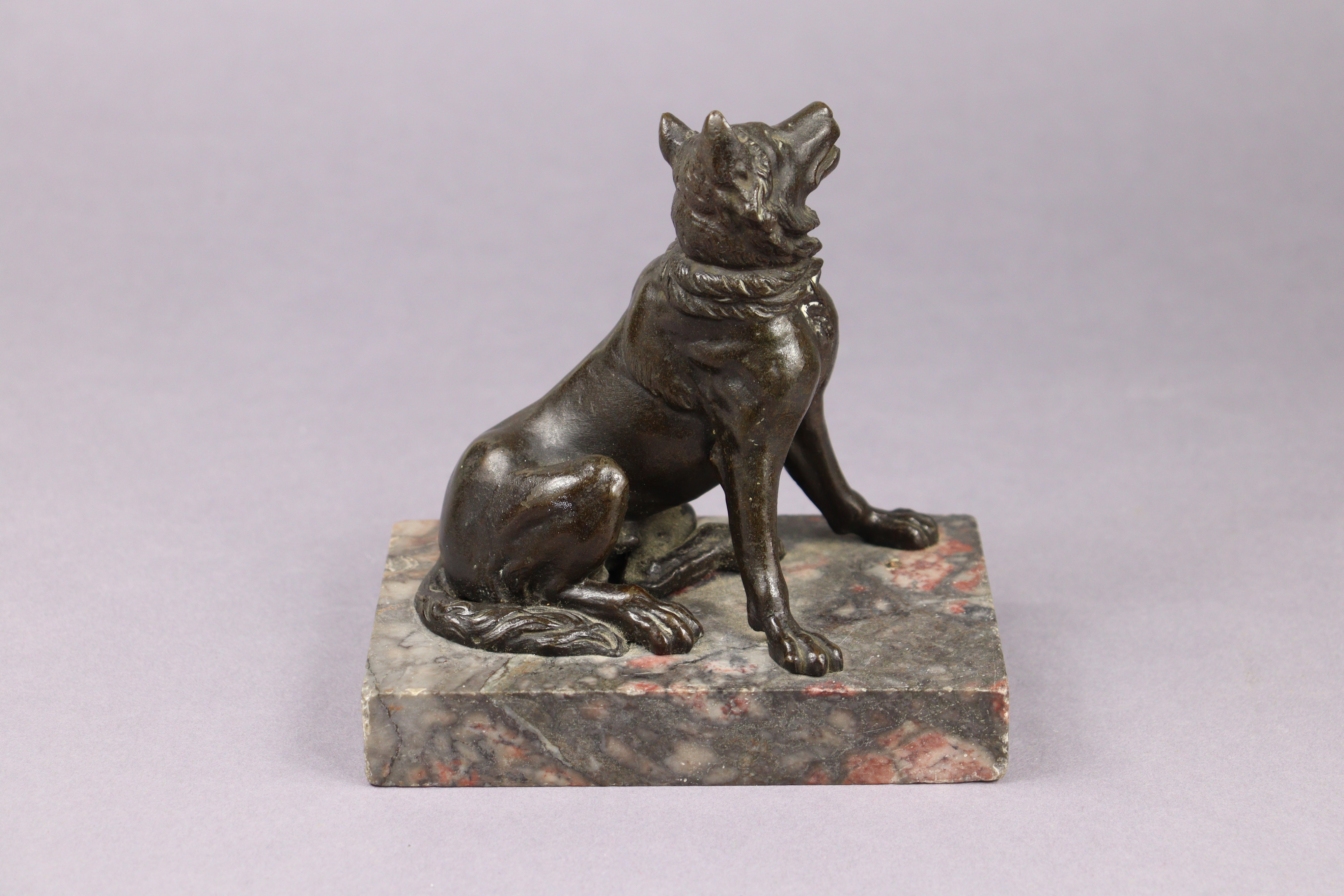 A Grand Tour bronze model of a seated dog, on marble rectangular base, 5¼” high x 5” wide. - Image 4 of 5