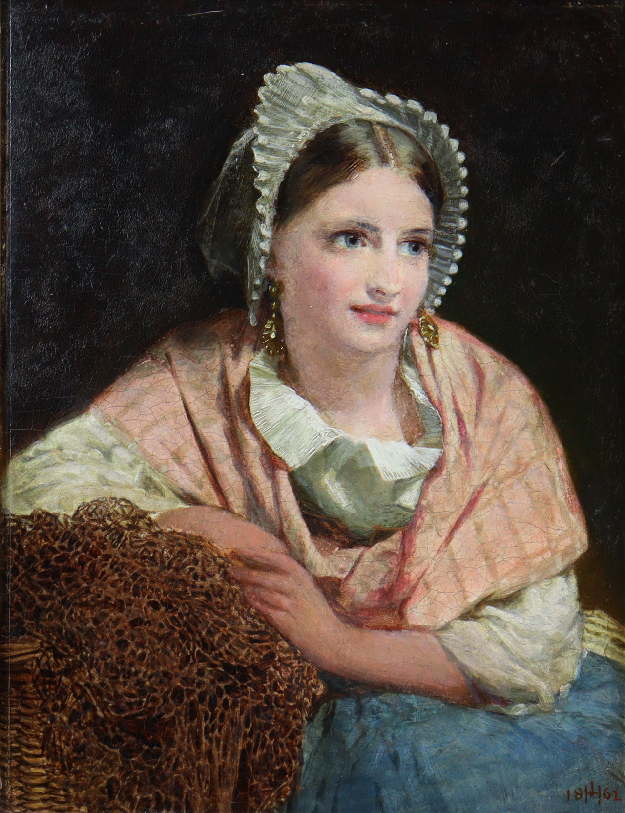 JAMES HAYLLAR, R.B.A. (1829-1920) Portrait of a lady wearing lace bonnet & pink shawl, signed with