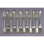 Twelve Victorian silver Fiddle pattern table forks; London 1838 by Mary Chawner. (30oz)