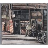 S. DYAS (20th century) A street scene with figures outside a barber shop. Signed & dated ’79, oil on