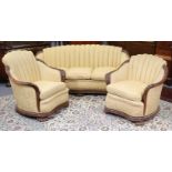 A Victorian mahogany frame three-piece suite, comprising a two-seater sofa and pair of armchairs, ea