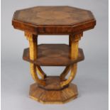 A mahogany Art Deco octagonal three-tier occasional table, each tier with amboyna-veneered centre