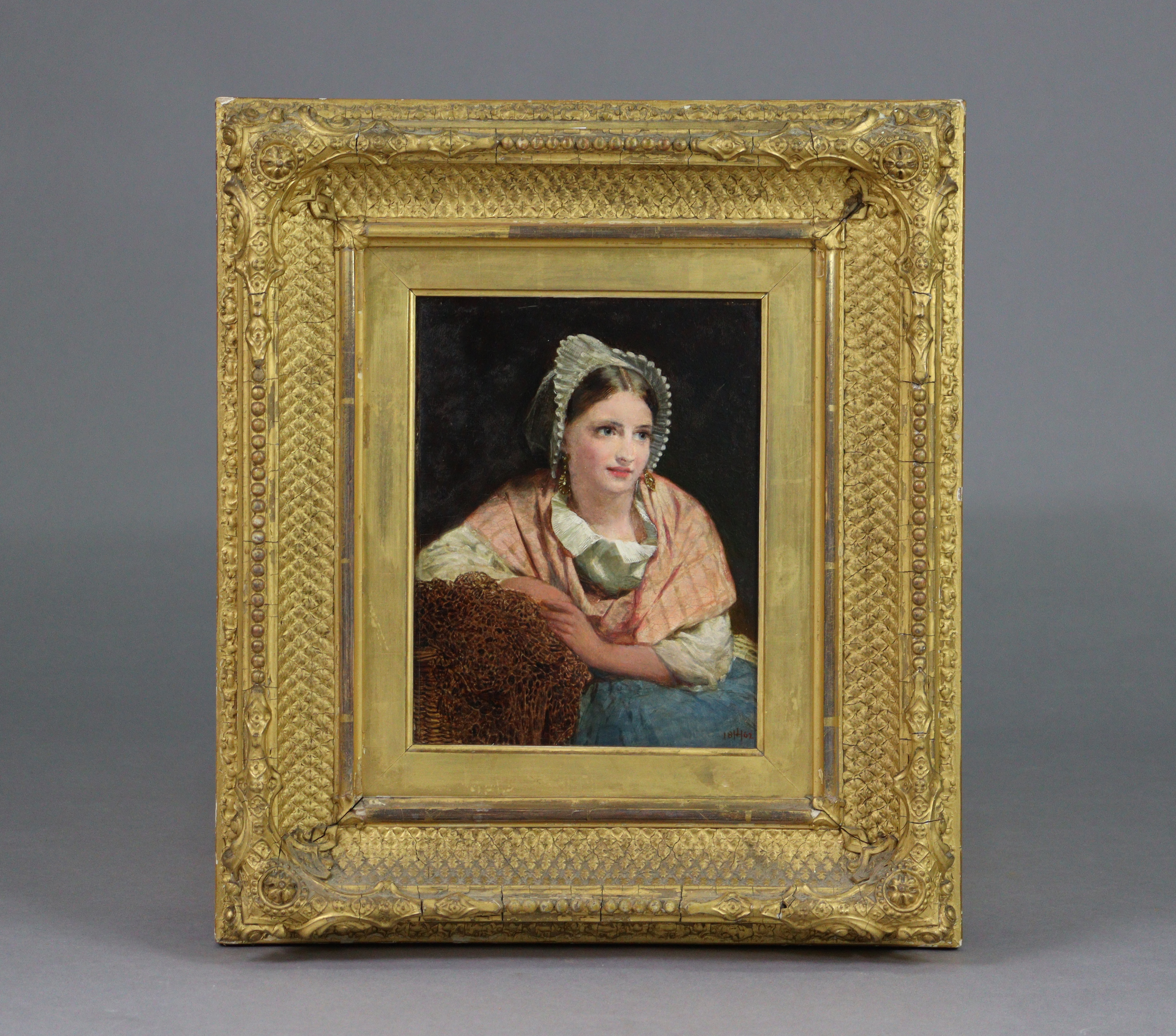 JAMES HAYLLAR, R.B.A. (1829-1920) Portrait of a lady wearing lace bonnet & pink shawl, signed with - Image 2 of 6