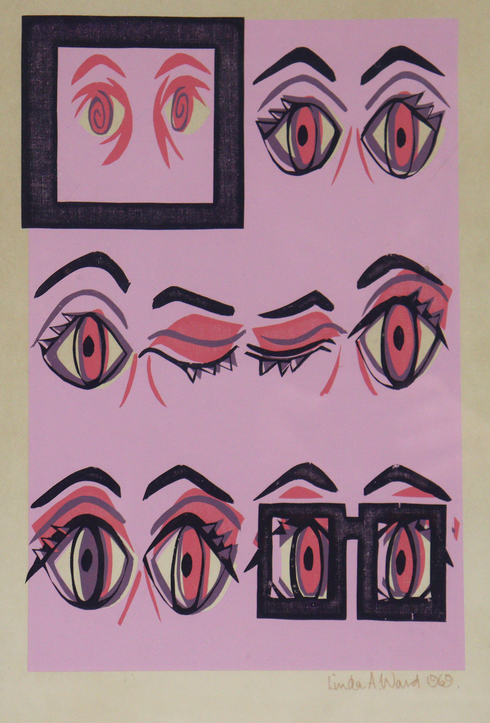 LINDA A. WARD (British, 20th century) A study of eyes; coloured etching on cream paper; signed &