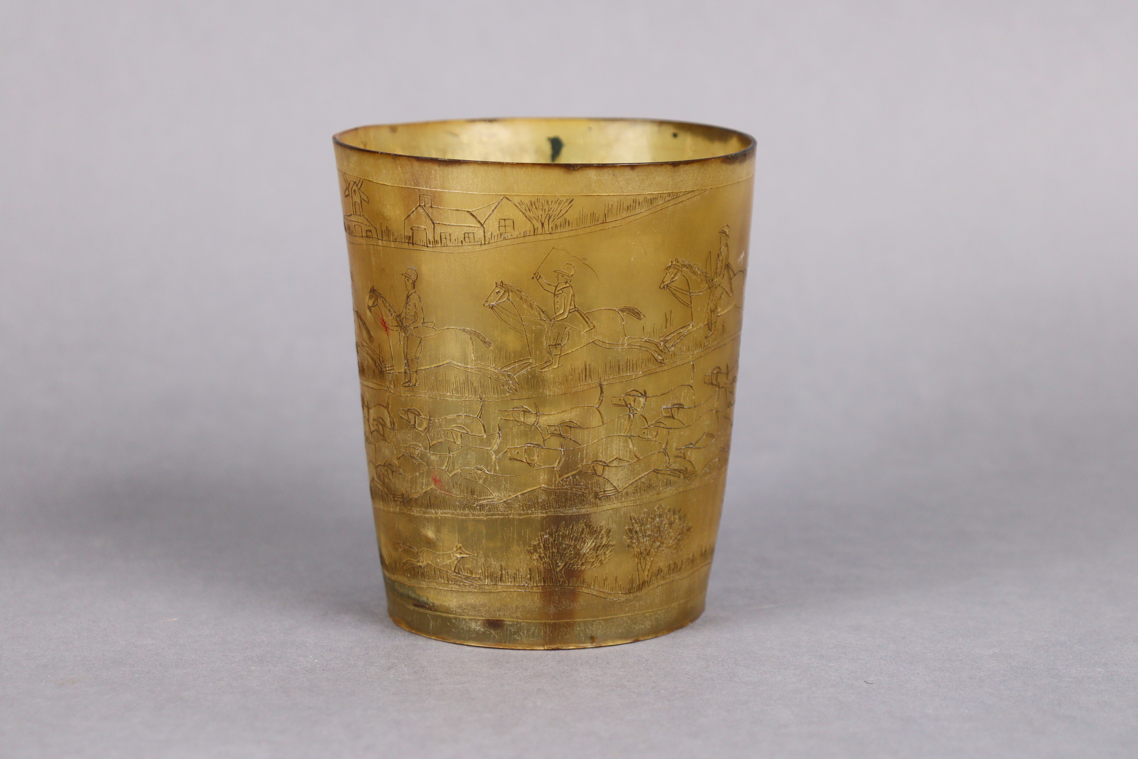 A 19th century horn beaker, all over engraved with a busy hunting scene, 4½” high x 4” dia. - Image 3 of 5