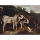 Attributed to AYMAR ALEXANDER PEZANT (1846-1916) Calves with a hen & rooster in a farmyard. Oil on